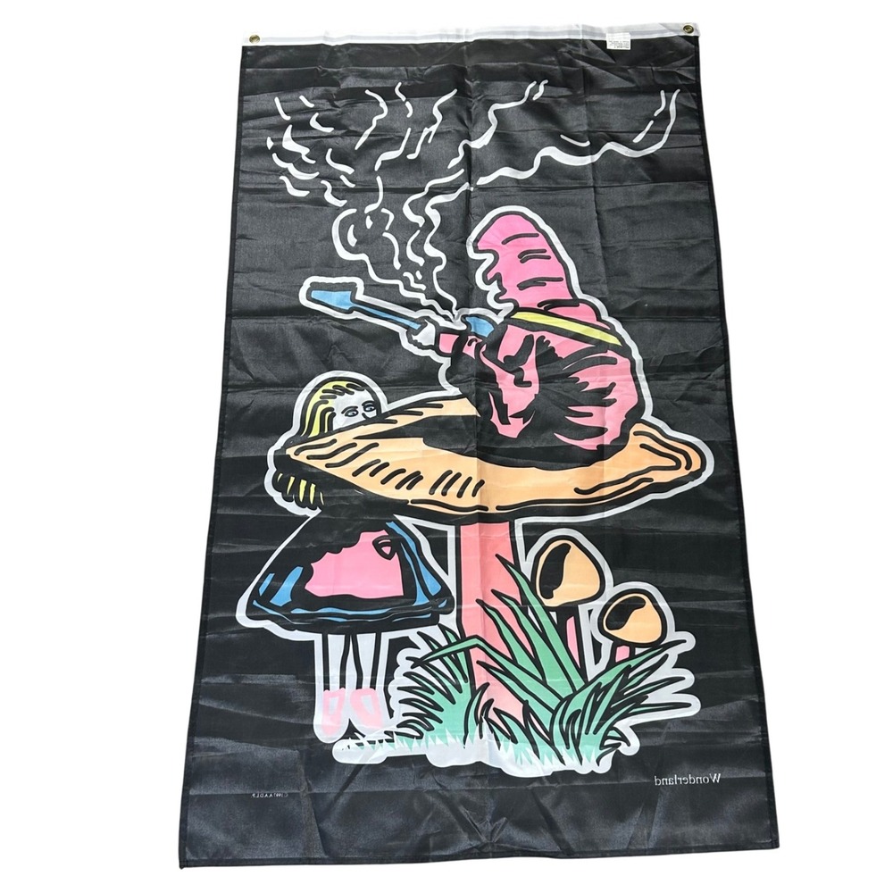 Vintage‎ Wonderland Flag Tapestry 1997 AADP Art Black Alice Mushroom Design